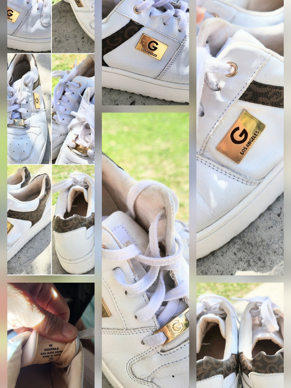 GBG Los Angeles White Sneakers with Gold Accents and Brown Patterned Heel Trim